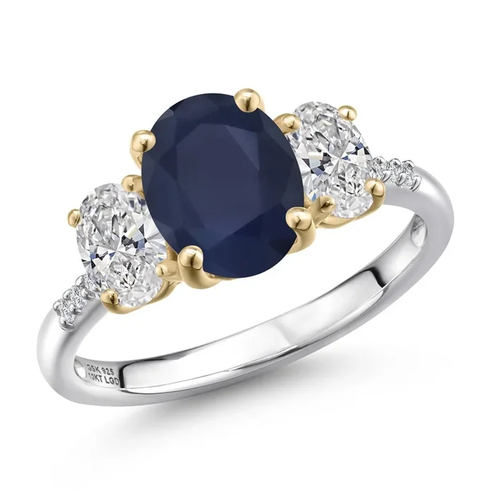 3.26 Cttw Blue Sapphire and White Lab Grown Diamond Engagement Ring For Women | 925 Silver and 10K Yellow Gold | Oval 9X7MM | Wedding Engagement Anniversary Promise Ring