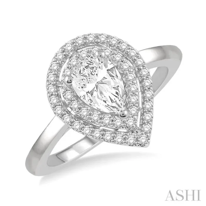 3/4 Ctw Round Cut Diamond Twin Border 1/2 Ct Pear Cut Center Stone Ladies Engagement Ring in 14K White Gold