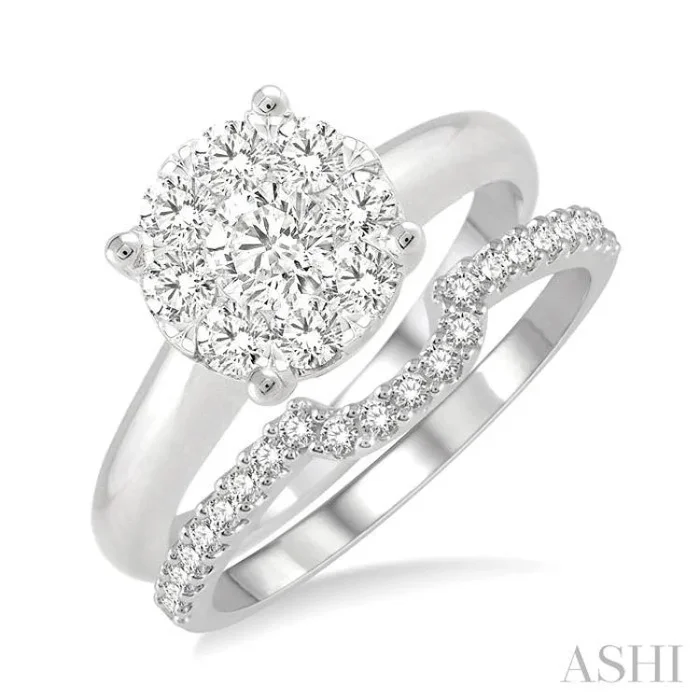 3/8 Ctw Lovebright Round Cut Diamond Wedding Set With 1/4 Ctw Circular Engagement Ring and 1/6 Ctw U-Shape Center Wedding Band in 14K White Gold