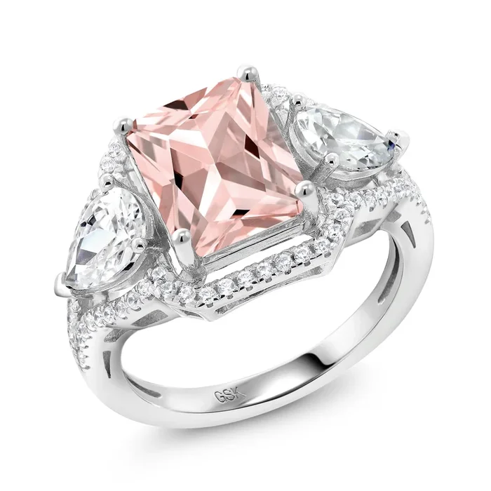 3.99 Cttw Peach Nano Morganite Ring For Women In 925 Sterling Silver | Emerald Cut 10X8MM | Gemstone October Birthstone