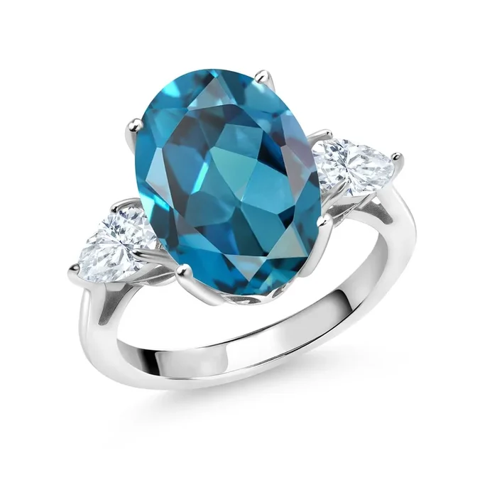 3-Stone Engagement Ring for Women | Gemstone Birthstone and White Moissanite | 925 Sterling Silver | Oval 14X10MM and Pear Shape 6X4MM | Three-Stone Anniversary Wedding Promise Ring | Size 5-9