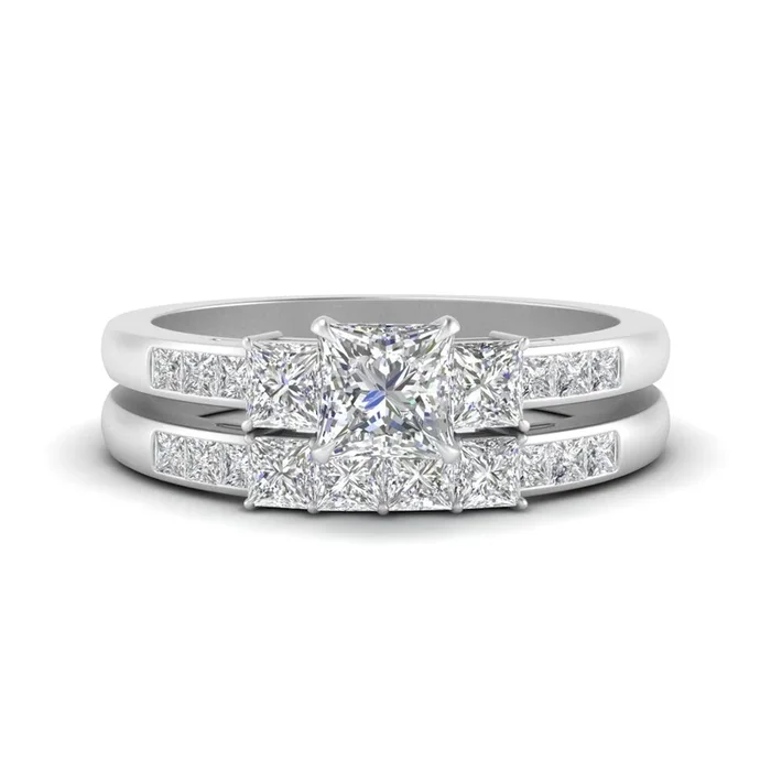 3 Stone Princess Cut Channel Accent Bridal Set