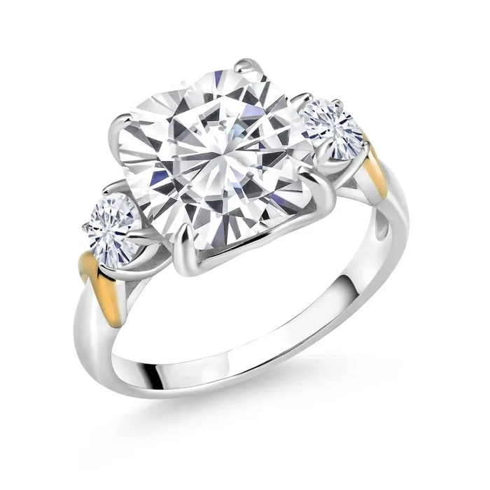 3-Stone Ring For Women | 925 Sterling Silver and 10K Yellow Gold | Center Cushion 10MM Gemstone Birthstone and Round 4MM White Moissanite | Available In Size 5, 6, 7, 8, 9