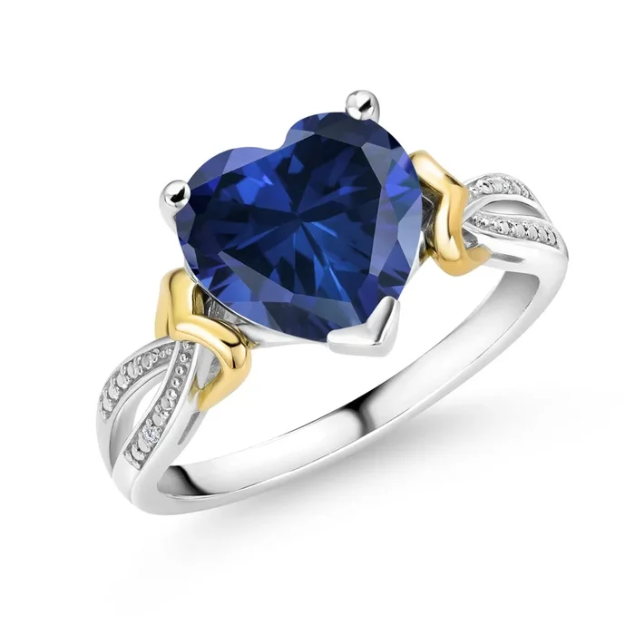 4.11 Cttw Blue Simulated Sapphire and White Lab Grown Diamond 925 Silver and 10K Yellow Gold Engagement Ring | 10MM Heart Shape Ring For Women