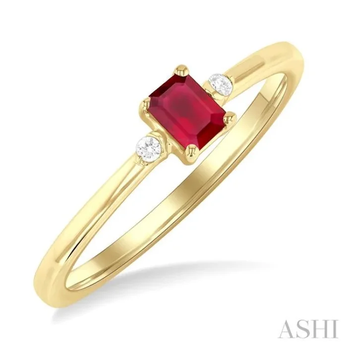 4×3 MM Octagon Shape Ruby and 1/50 Ctw Petite Round Cut Diamond Fashion Ring in 10K Yellow Gold