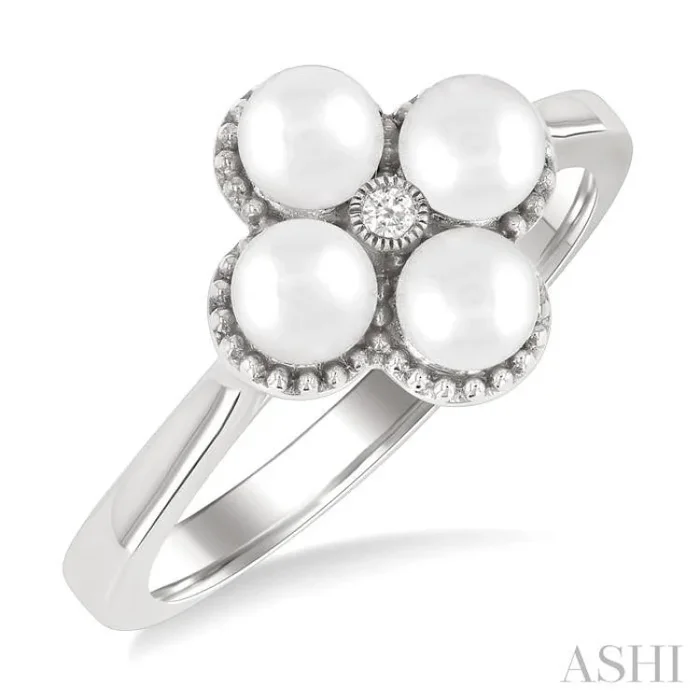 4 MM Clover Cultured Pearl and 1/50 Ctw Round Cut Diamond Fashion Ring in 10K White Gold