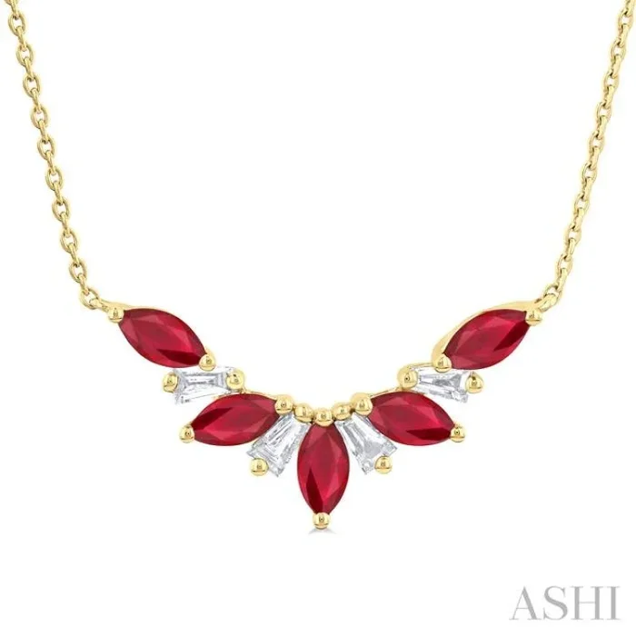 5×2.5 MM Marquise Cut Ruby and 1/6 Ctw Baguette Cut Diamond Precious Gemstone Necklace in 14K Yellow Gold