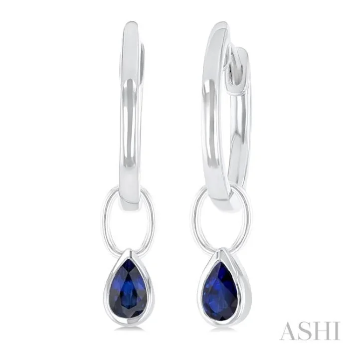 5×3 MM Bezel Set Pear Cut Sapphire Precious Fashion Huggie Earrings in 10K White Gold