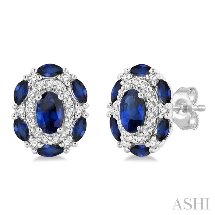 5×3 MM Oval Cut and 3X1.5 MM Marquise Cut Sapphire and 1/5 Ctw Round Cut Diamond Precious Earring in 14K White Gold