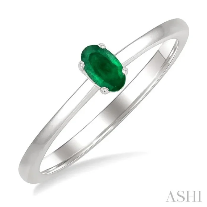 5×3 MM Oval shape Emerald Precious Solitaire Ring in 14K White Gold
