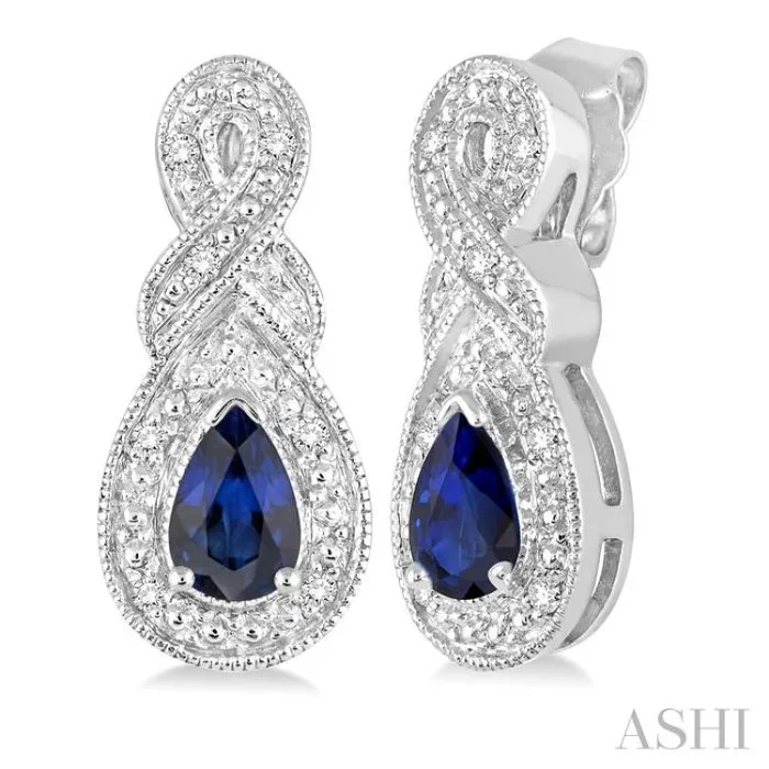 5×3 MM Pear Shape Sapphire and 1/20 Ctw Round Cut Diamond Earrings in Sterling Silver