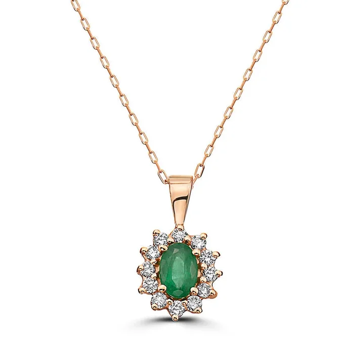 5/8 cts Green Emerald and Diamond Necklace in 14K Rose Gold by Birthstone