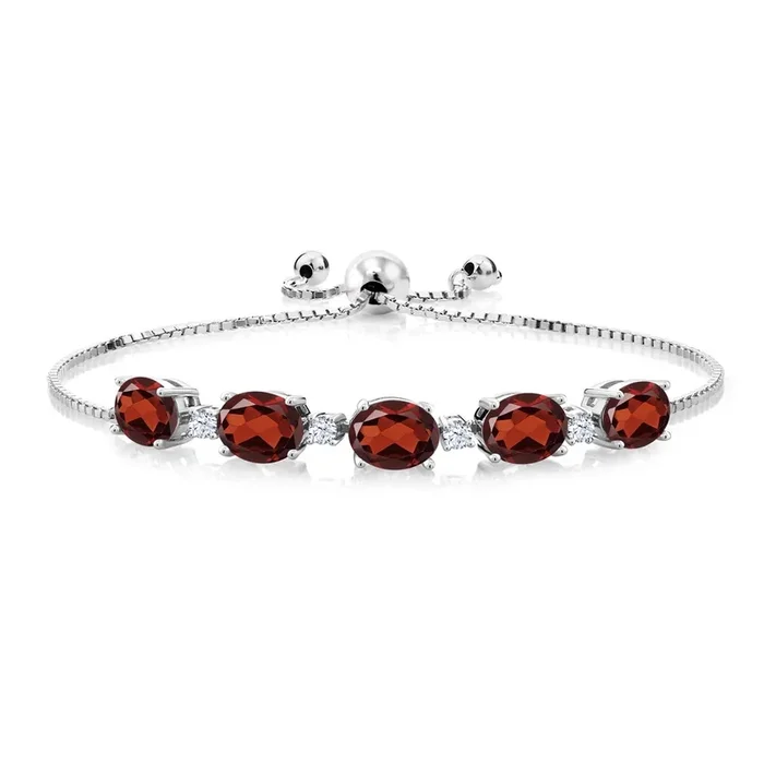 5-8 Cttw Gemstone Birthstone and White Created Sapphire Tennis Bracelet for Women | 925 Sterling Silver | Oval 8X6MM with Round 2.5MM Accents | Adjustable Bolo Chain