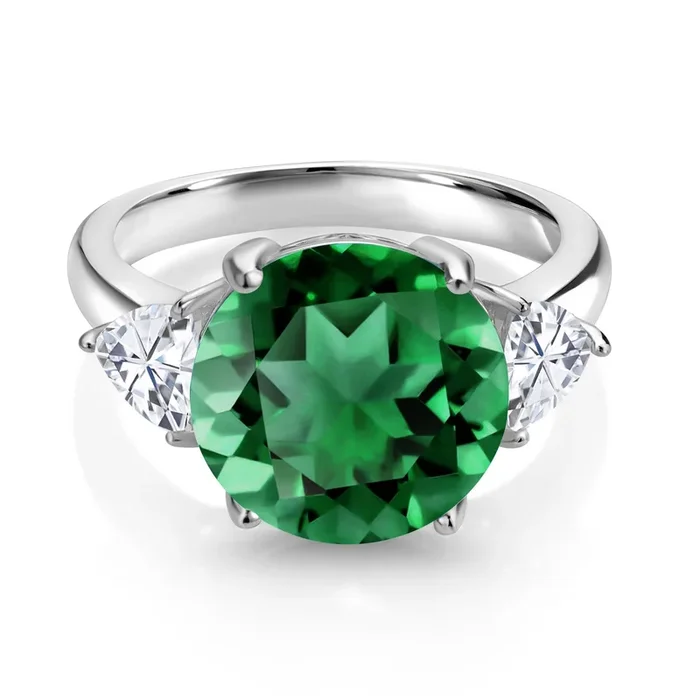 5.94 Cttw Green Nano Emerald and White Moissanite 3-Stone Ring For Women In 925 Sterling Silver | Round 12MM | Trillion 5MM