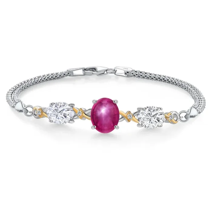 6.06 Cttw Red Created Star Ruby White Moissanite and Lab Grown Diamond Bracelet For Women | 925 Silver and 10K Yellow Gold | 10X8MM and 8X6MM | 6.5/7/7.5 Inch | Made in Italy