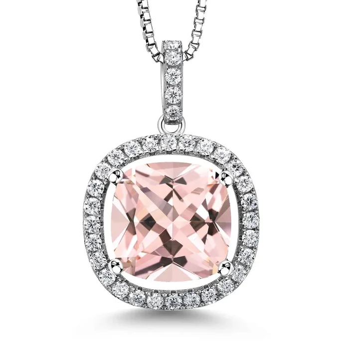 6-10 Ct 12MM Cushion Gemstone Birthstone and White Moissanite Necklace | 925 Sterling Silver | Halo Pendant Necklace For Women | With 18 Inch Silver Chain
