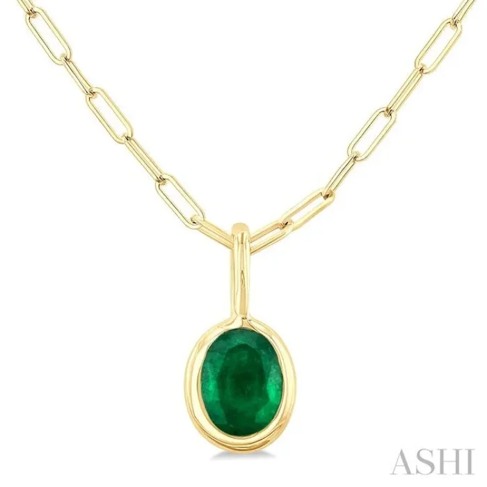6×4 MM Bezel Set Oval Cut Emerald Precious Fashion Pendant With Paperclip Chain in 14K Yellow Gold