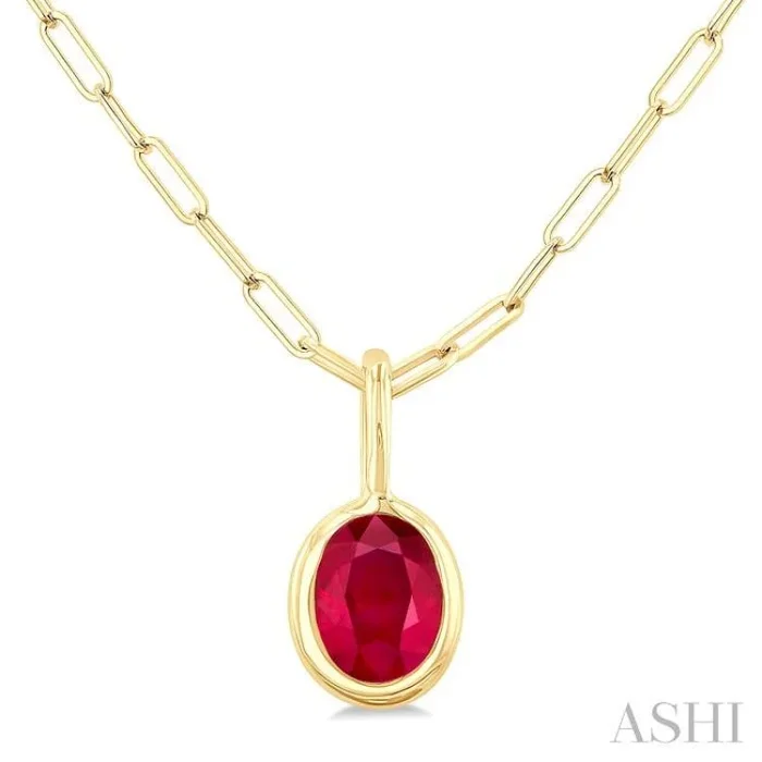 6×4 MM Bezel Set Oval Cut Ruby Precious Fashion Pendant With Paperclip Chain in 14K Yellow Gold