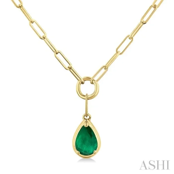 6×4 MM Pear Cut Emerald Solitaire Precious Paperclip Pendant With Chain in 14K Yellow Gold