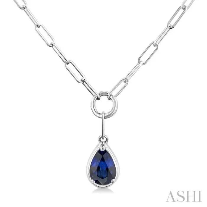 6×4 MM Pear Cut Sapphire Solitaire Precious Paperclip Pendant With Chain in 10K White Gold
