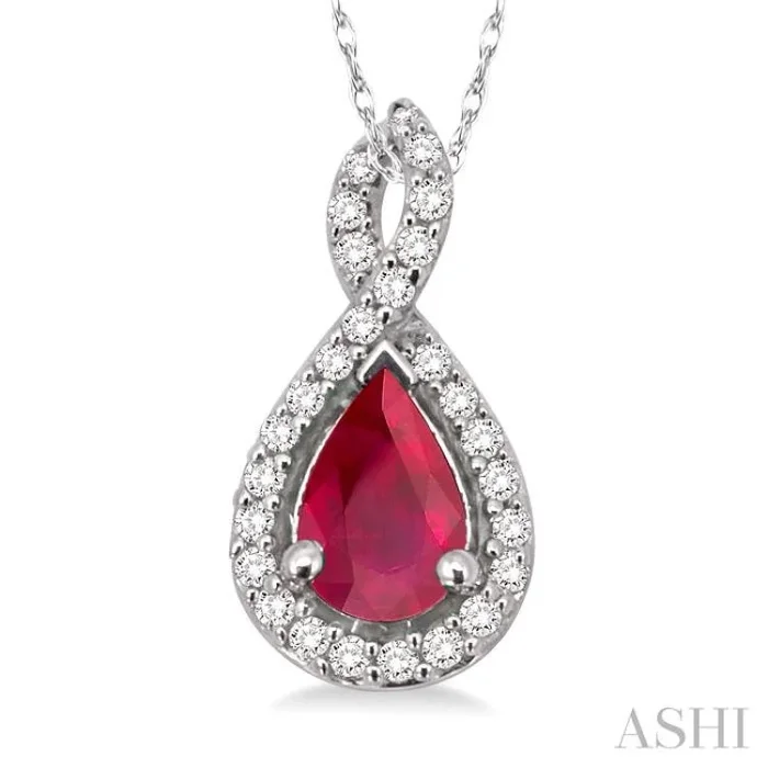 6×4 MM Pear Shape Ruby and 1/10 Ctw Round Cut Diamond Pendant in 14K White Gold with Chain