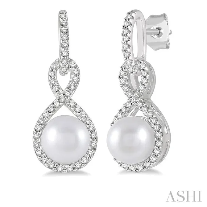 6×6 MM Round Shape Cultured Pearl and 1/4 Ctw Twisted Loop Round Cut Diamond Earring in 10K White Gold