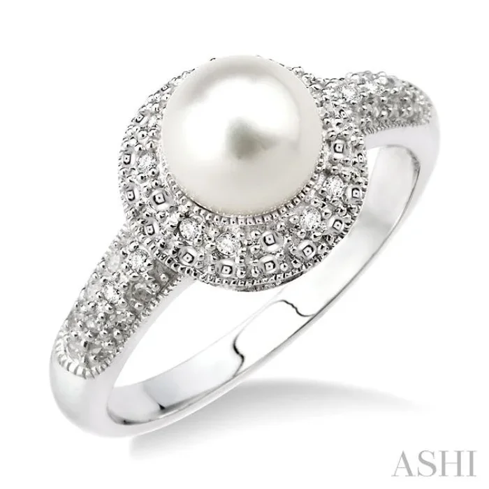 6.5×6.5 MM Cultured Pearl and 1/20 Ctw Single Cut Diamond Ring in Sterling Silver