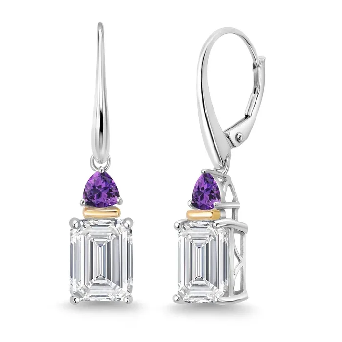 6.54 Cttw 925 Silver and 10K Yellow Gold IGI Certified Lab Grown Diamond and Amethyst Drop Dangle Earrings For Women | Emerald Cut Diamonds Each 3 Ct | E-F Color | VS1-VS2 Clarity