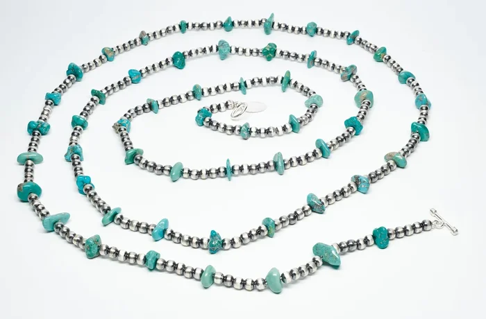 6 Feet Long Sterling Silver Necklace with Sonoran Turquoise