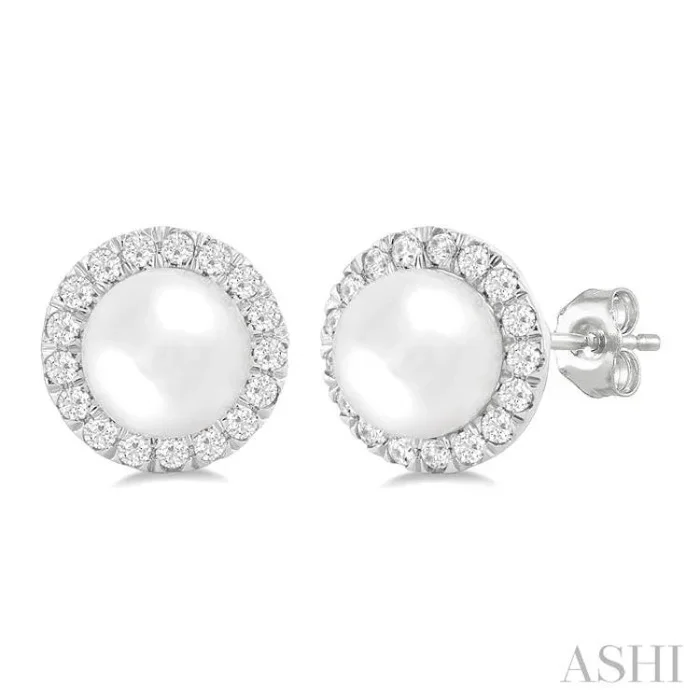 6 MM White Cultured Pearl and 1/4 Ctw Round Cut Diamond Halo Stud Earrings in 10K White Gold