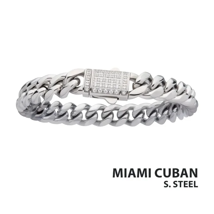 6mm Steel Miami Cuban Chain Bracelet with CZ Double Tab Box Clasp