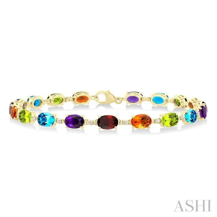 6X4 MM Oval Cut Multiple Gemstone and 1/6 Ctw Round Cut Diamond Semi-Precious Tennis Bracelet in 10K Yellow Gold