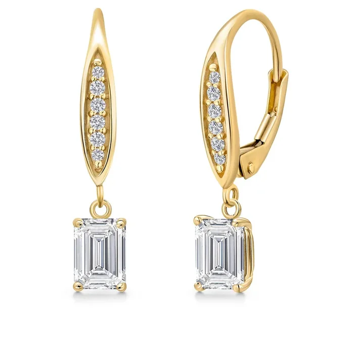 6X4MM Emerald Cut Gemstone Birhtstone and Lab Grown Diamond Leverback Dangle Earrings for Women in 10K Yellow Gold | Fine Jewelry Gifts for Her Mom Women Wife