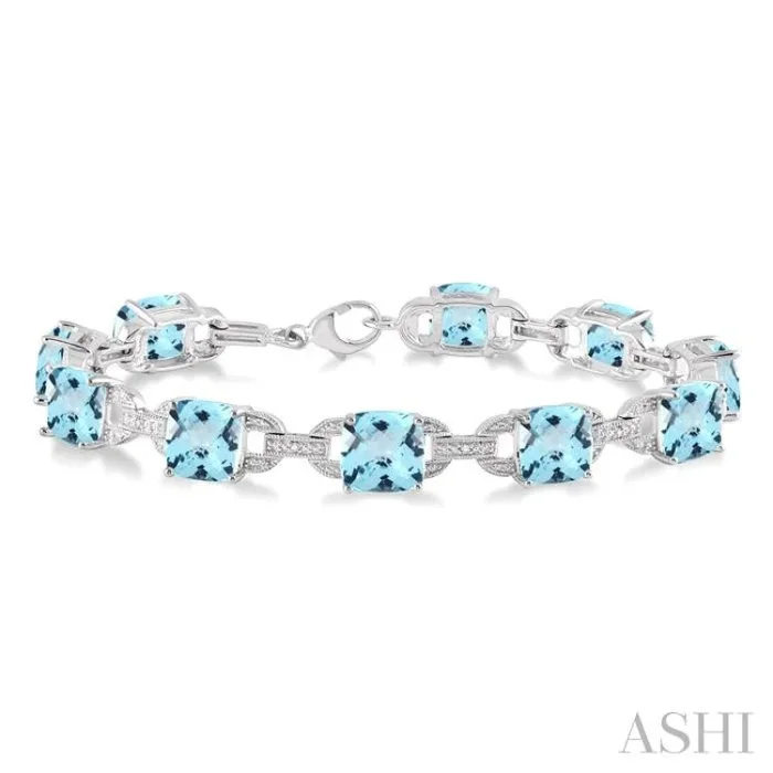 7×7 MM Cushion Shape Blue Topaz and 1/20 Ctw Round Cut Diamond Fashion Bracelet in Sterling Silver