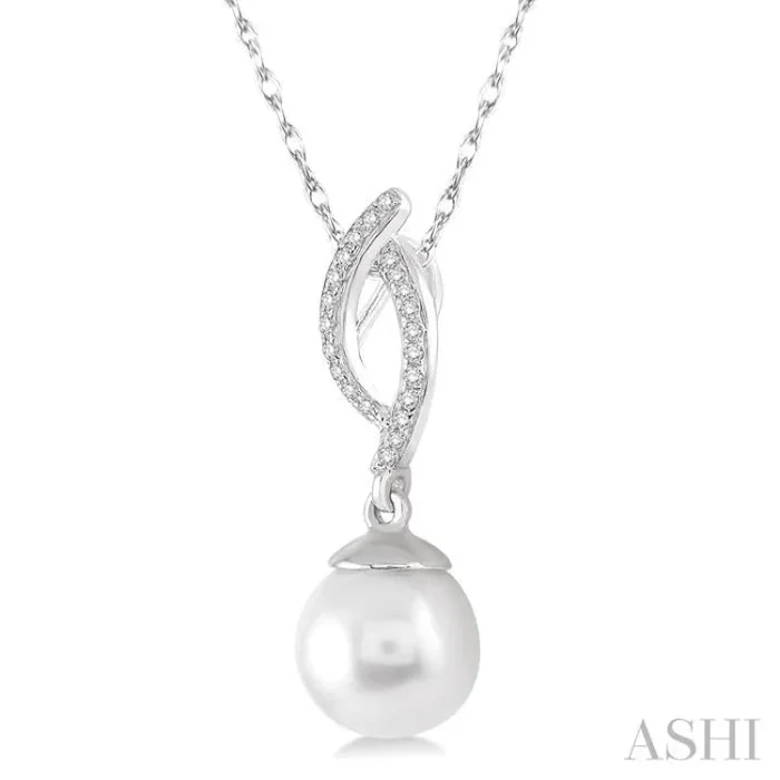 7×7 MM Round Cut Cultured Pearl and 1/20 Ctw Round Cut Diamond Pendant in 10K White Gold with Chain