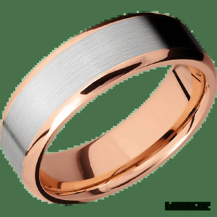 7 mm wide/Beveled/14K Rose Gold band with one 5 mm Centered inlay of 14K White Gold