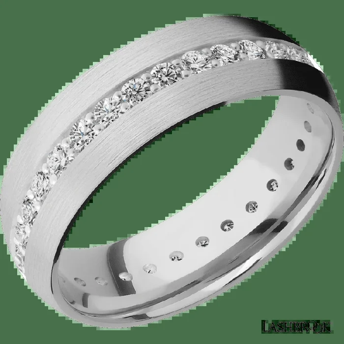 7 mm wide/Domed/14K White Gold band with an Eternity arrangement of 03 carat Round Diamond stones in a Bead Channel setting