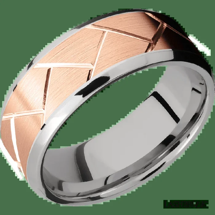 8 mm wide/Beveled/14K White Gold band with one 6 mm Centered inlay of 14K Rose Gold with a machined Flatweave pattern