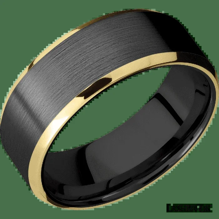 8 mm wide/Beveled/Zirconium band with two 1 mm Edge inlays of 14K Yellow Gold