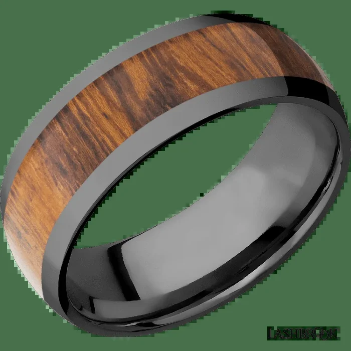 8 mm wide/Domed/Zirconium band with one 5 mm Centered inlay of Desert Iron Wood