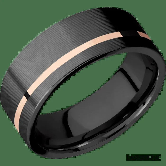 8 mm wide/Flat/Zirconium band with one 1 mm Off Center inlay of 14K Rose Gold