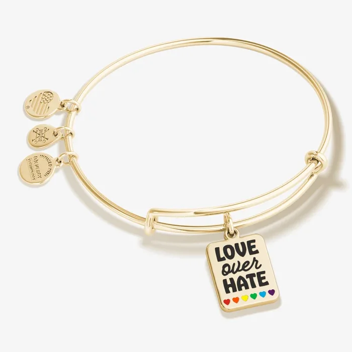 ‘Love Over Hate’ Rainbow Heart Charm Bangle