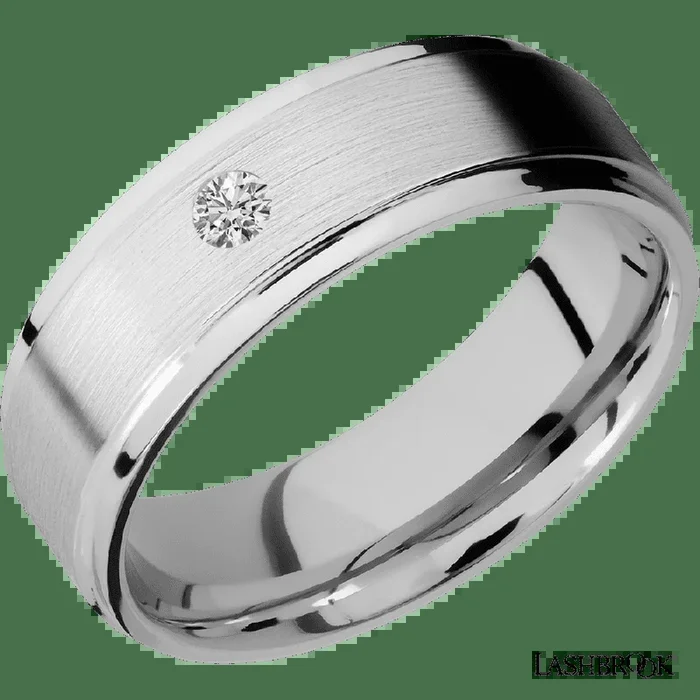 “7 mm wide/Flat Grooved Edges/14K White Gold band with an arrangement of 1, 1 carat Round Diamond stones in a Flush setting”