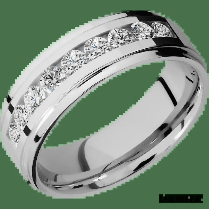 “7 mm wide/Flat Grooved Edges/Cobalt Chrome band with an arrangement of 9, 1 carat Round Diamond stones in a Channel setting”
