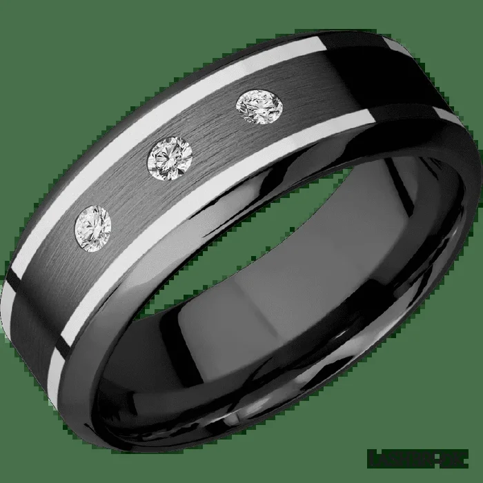 “8 mm wide/High Bevel/Zirconium band with two 1 mm Wide inlays of 14K White Gold and featuring an arrangement of 3, 05 carat Round Diamond (ST) stones in a Flush setting”