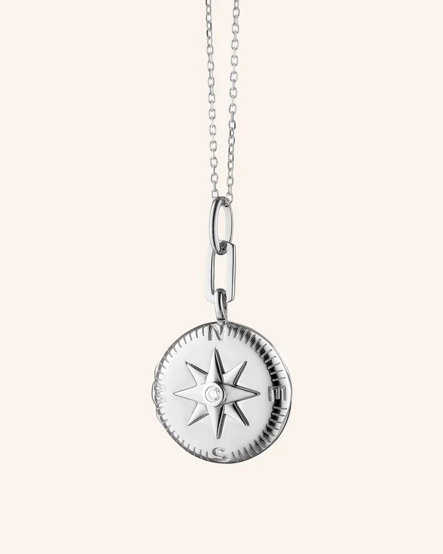 “Adventure” Compass Locket Necklace with White Sapphire