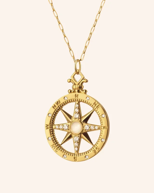 “Adventure” Compass Necklace with Moonstone and Diamonds