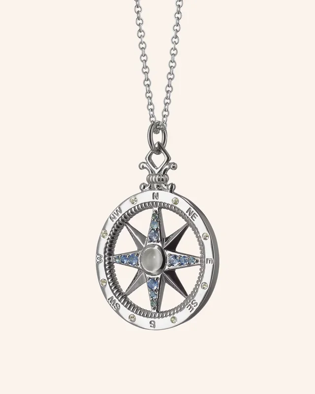“Adventure” Global Compass Necklace with Blue and White Sapphires and Moonstone