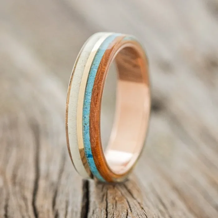 “ARGOS” – ANTLER, 14K GOLD, TURQUOISE, & WHISKEY BARREL OAK WEDDING BAND