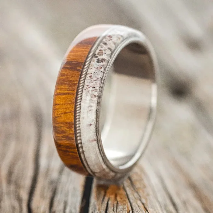 “ARGOS” – ANTLER, GUITAR STRING & IRONWOOD WEDDING BAND – TITANIUM – SIZE 11 1/4